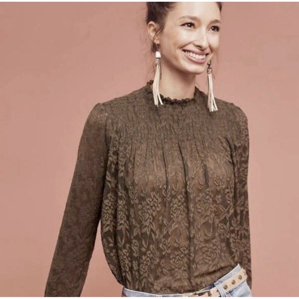 Anthropologie Deletta Olive Green Lace Mock Neck Amanna Smocked Top Blouse Small